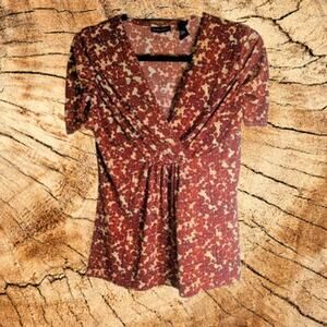 New York & Co small short sleeve red and yellow polyester blend stretch blouse